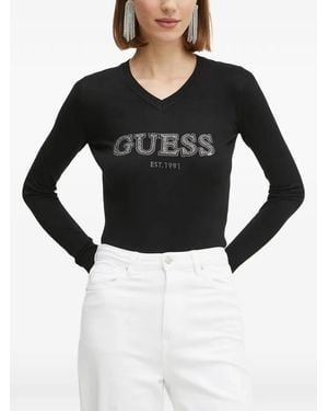 Guess Rhinestone-Embellished Long Sleeve T-Shirt - Black