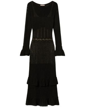 Twinset Long Wool Blend Knit Dress With Ruffles - Black