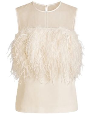 Alberta Ferretti Feather-Trim Mesh-Panel Top - White