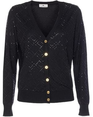 Elisabetta Franchi Bead-Embellished Diamond-Pattern Cardigan - Black