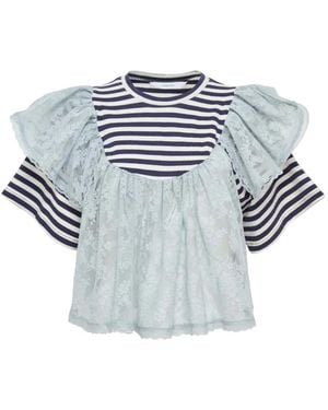 Pushbutton Striped Lace Top - White