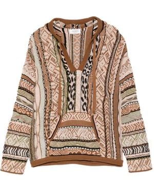 Laneus Patterned Knitted Hoodie - Brown