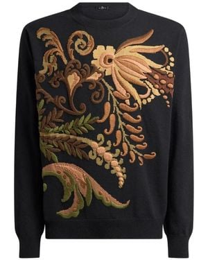 Etro Wool Jacquard Sweater With Floral Embroidery - Black