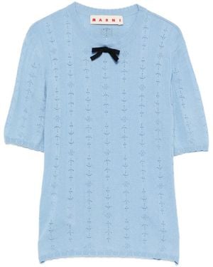 Marni Bow-Detail Pointelle-Knit T-Shirt - Blue
