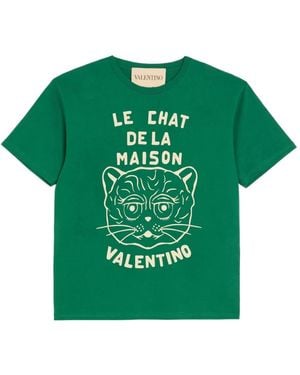 Valentino Garavani Cotton T-Shirt With Le Chat De La Maison Print - Green