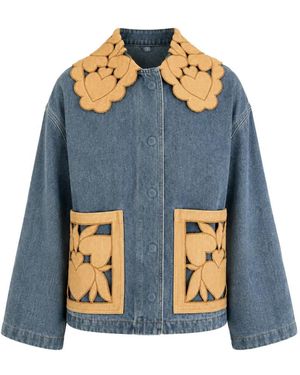 FARM Rio Richelieu Barn Heart-Cutout Corduroy-Collar Denim Jacket - Blue