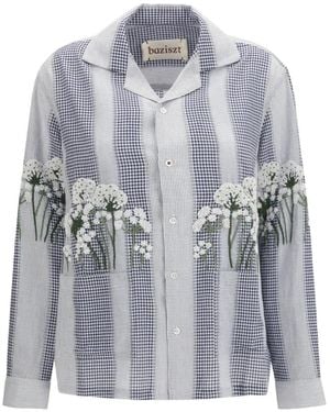 BAZISZT Corsa Floral-Embroidered Gingham-Check Shirt - Grey