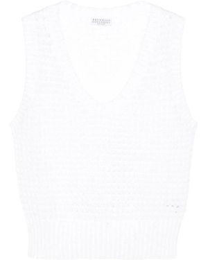 Brunello Cucinelli スパンコール オープンニット トップ - ホワイト