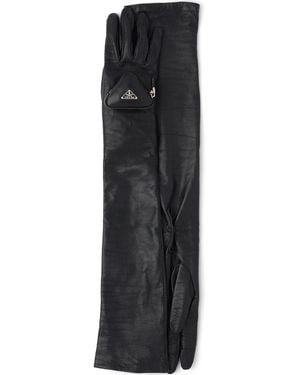 Prada Pouch-Detail Long Leather Gloves - Black
