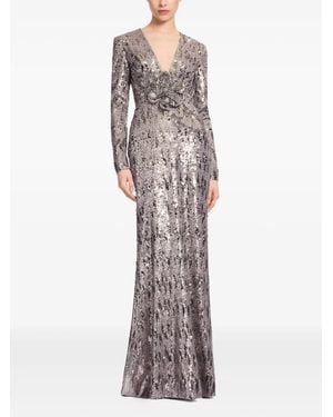 Elie Saab Floral-Applique Sequined Silk-Blend Gown - Grey