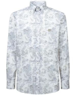 Etro Stretch Cotton Button-Down Shirt With Flower And Animal-Motif - Blue