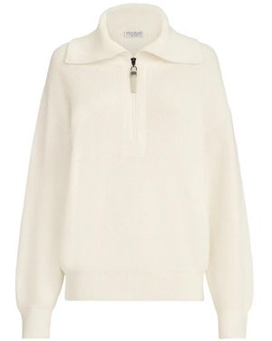 Brunello Cucinelli Cotton English Rib Jumper With Shiny Zipper Pull - White