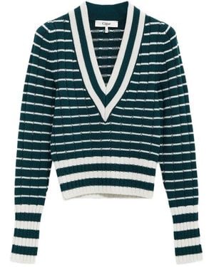 Chloé Gestreifter Pullover mit V-Ausschnitt - Grün