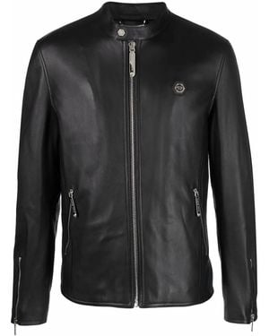Philipp Plein Logo Zipped Biker Jacket - Black