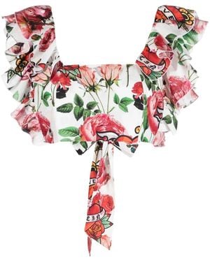 Philipp Plein Blusa A Fiori Crop - Rosso