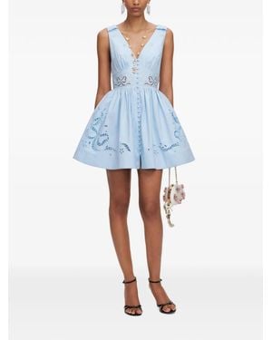 Self-Portrait Elegant Mini Dress With V-Neck And Embroidery - Blue