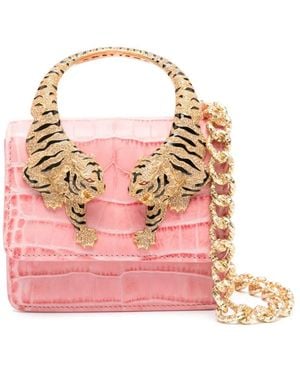 Roberto Cavalli Cyclamen Glossy Snakeskin-Print Leather Roar Small Bag With Jewelled Tiger Handle And Shoulder Strap - Pink