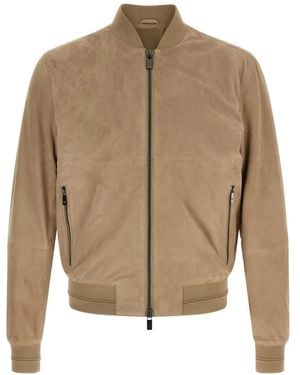 Pal Zileri Ribbed High Neck Suede Jacket - Natural