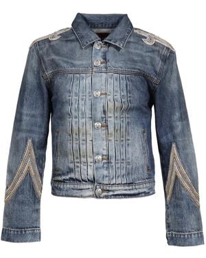 424 Embroidered Pleated Denim Jacket - Blue