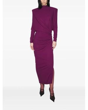 Mugler Draped Padded-Shoulder Maxi Dress - Purple