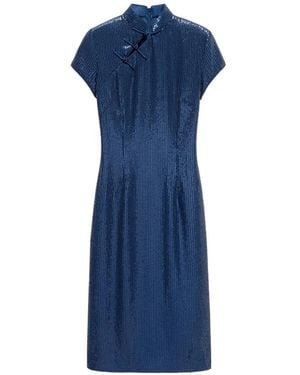 Shanghai Tang Chiffon Qipao Sequin-Embellished Midi Dress - Blue