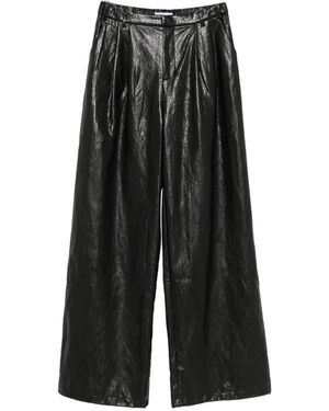 ELEH Pleated Leather Palazzo Trousers - Black