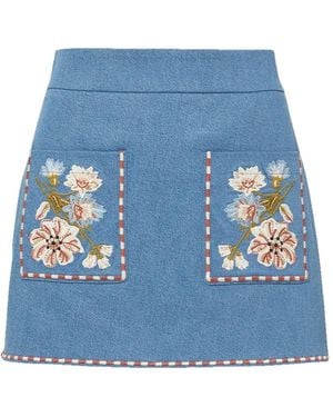 Veronica Beard Pallas Floral-Embroidered Skirt - Blue