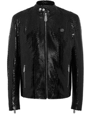 Philipp Plein Python Leather Moto Jacket - Black