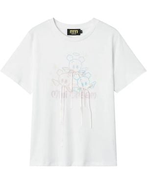 Mini Cream Graphic-Print Bow-Details Cotton T-Shirt - White