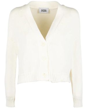 Alpha Studio Ribbed-Knit V-Neck Cardigan - White