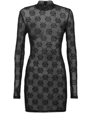 Philipp Plein Monogram Semi-Sheer Tulle Dress - Black