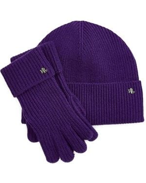 Ralph Lauren リブニットビーニー&手袋 セット - パープル