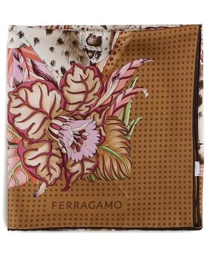 Ferragamo Floral-Print Polka-Dot Scarf - Brown