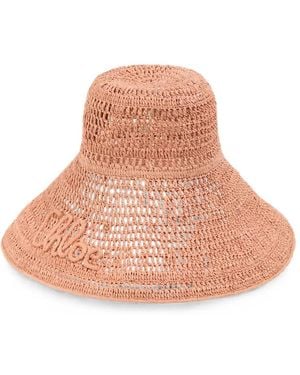 Chloé Logo-Embroidered Raffia Hat - Pink
