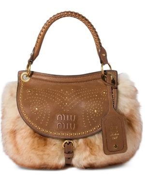Miu Miu Rendez-Vous Shearling And Nappa Leather Bag With Metal Studs - Brown