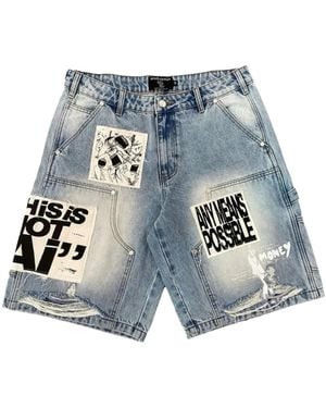 Mixed Emotions Patchwork Distressed Denim Shorts - Blue