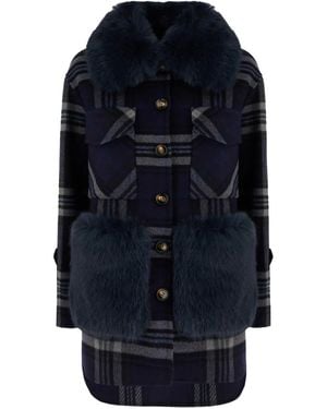 Ava Adore Karierter Mantel mit Faux Fur - Blau