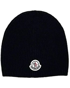 Moncler Logo-Patch Ribbed-Knit Beanie Hat - Blue