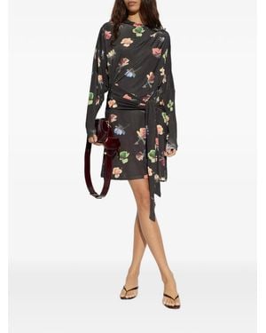 Ganni Floral-Motif Tie-Waist Mini Dress - Black