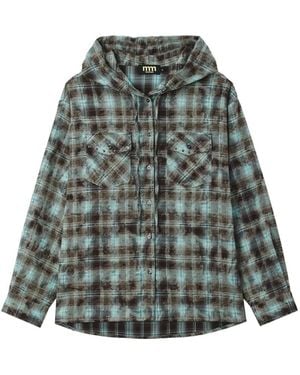 Mini Cream Check-Print Hooded Shirt - Green