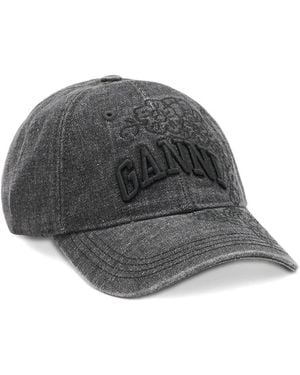 Ganni Logo-Embroidered Denim Cap - Grey