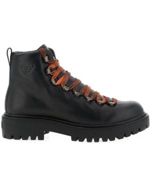 Prada Leather Lace-Up Ankle Boots - Black