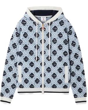 CASABLANCA Merino Monogram Zip‑Up Hooded Sweatshirt - Blue