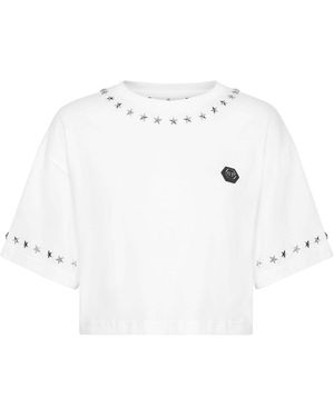 Philipp Plein Star-Studded Cotton Cropped Top - White