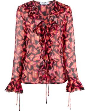 MSGM Graphic-Print Ruffle-Detail Blouse - Red