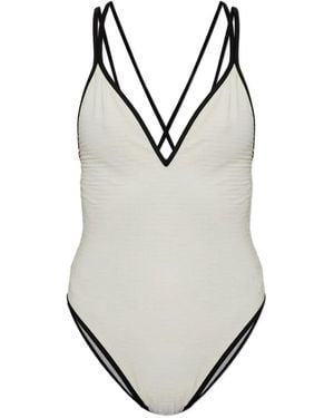 Balmain Monogram-Patterned V-Neck Swimsuit - Grey