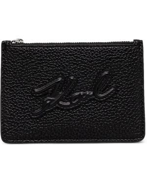 KARL LAGERFELD Logo-Embroidered Pebbled Card Holder - Black