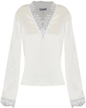 Ganni Lace-Trim Satin Blouse - White