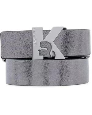 KARL LAGERFELD Cracked-Effect Logo-Buckle Belt - Gray