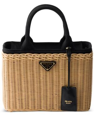 Prada Mittelgroße Wicker- Und Canvas-Tragetasche - Schwarz